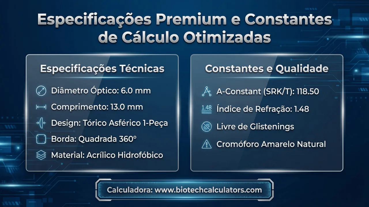 Design óptico da Eyecryl Toric: material acrílico hidrofílico com design de 1 peça e injetor pré-carregado.