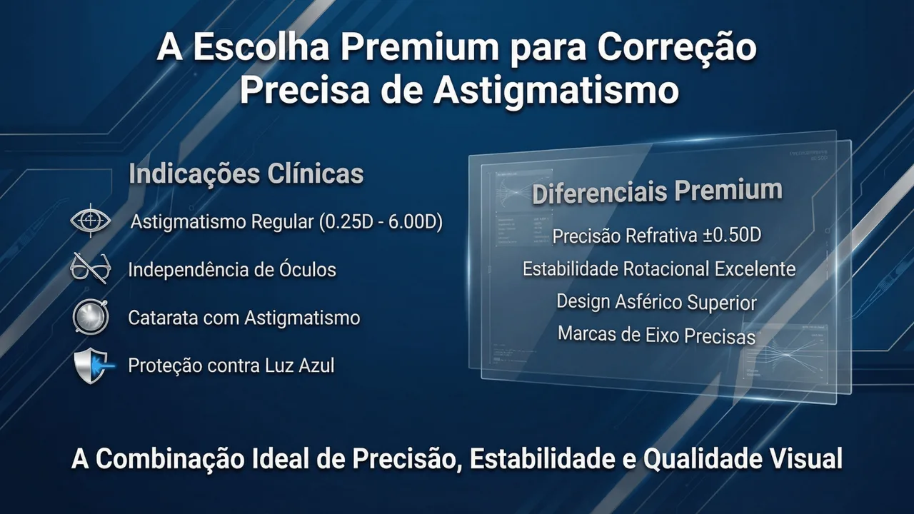 Especificações técnicas da Eyecryl Toric: faixa de potência +10,0 a +30,0 D com cilindro até 6,0 D.