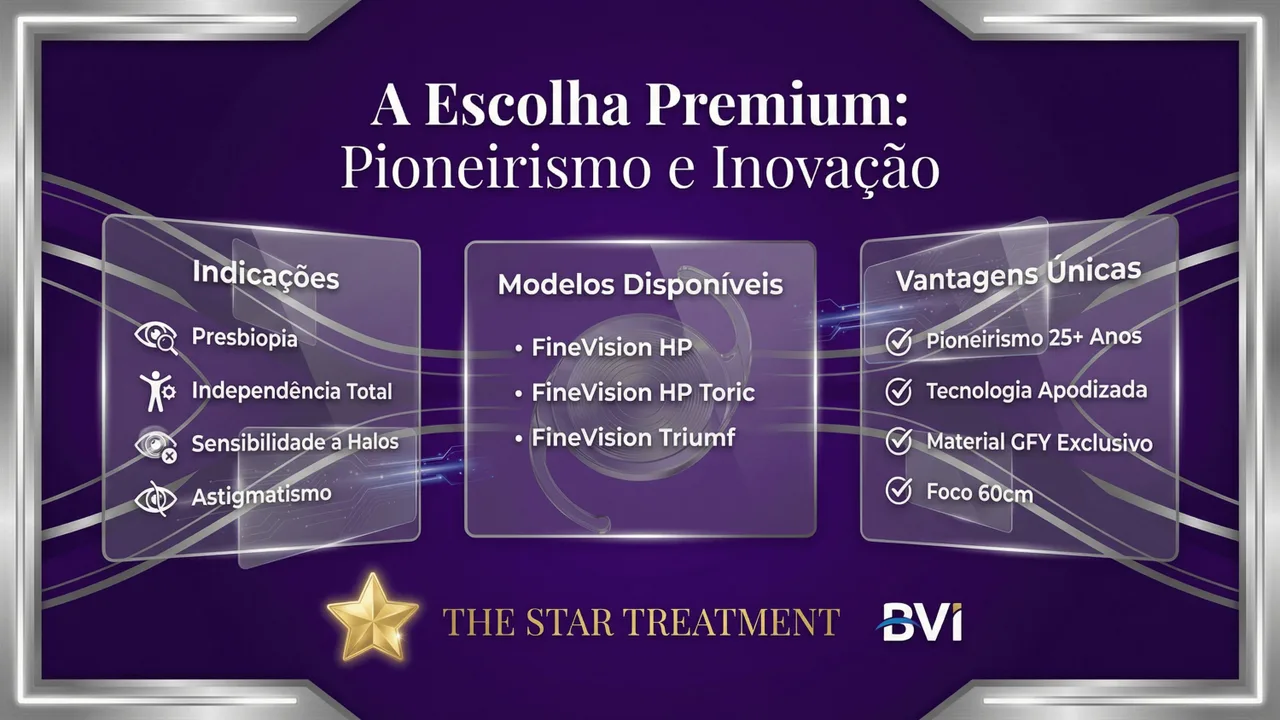 Especificações técnicas da Finevision HP: faixa de potência +0,0 a +35,0 D e disponibilidade em versão tórica.
