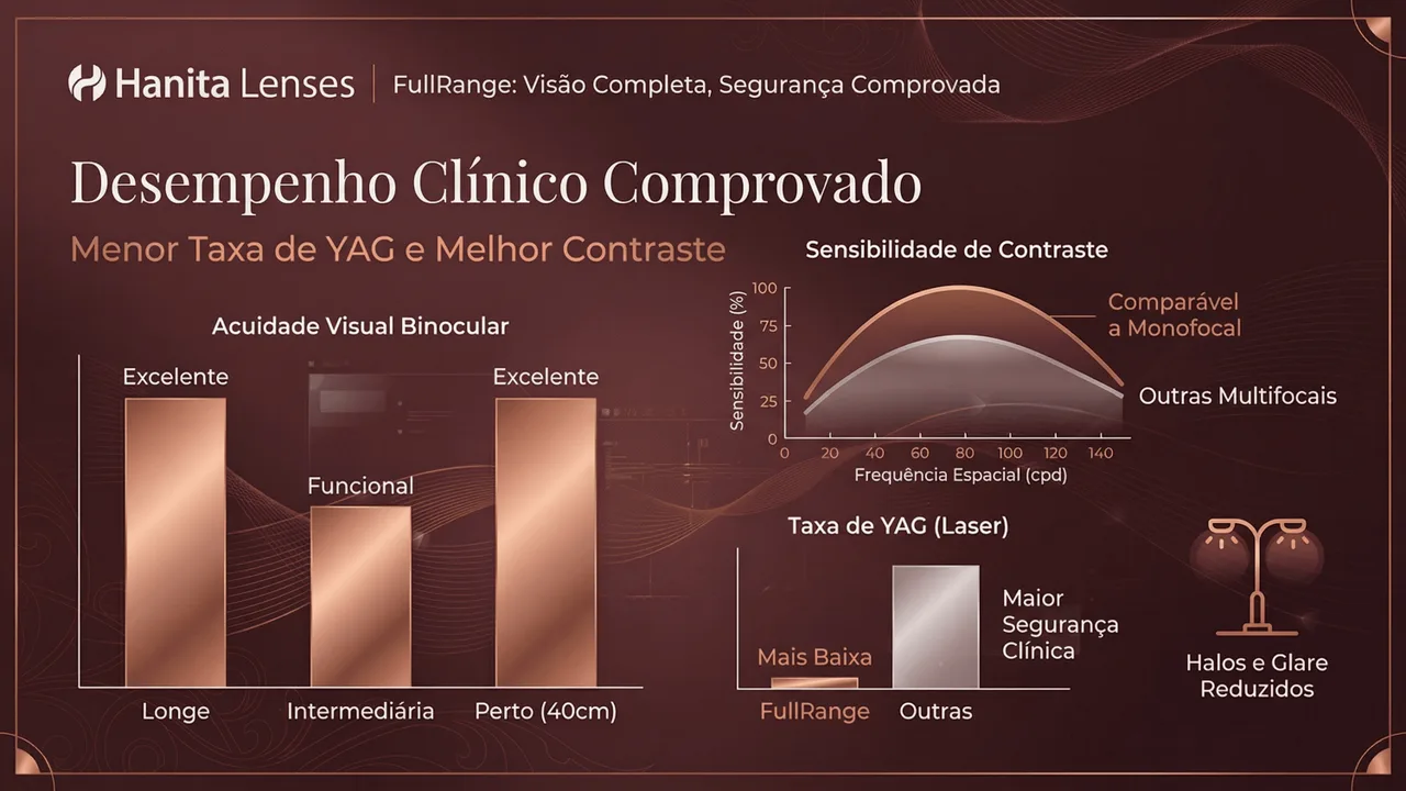Design óptico da Full Range: material acrílico hidrofóbico com borda quadrada para prevenção de PCO.