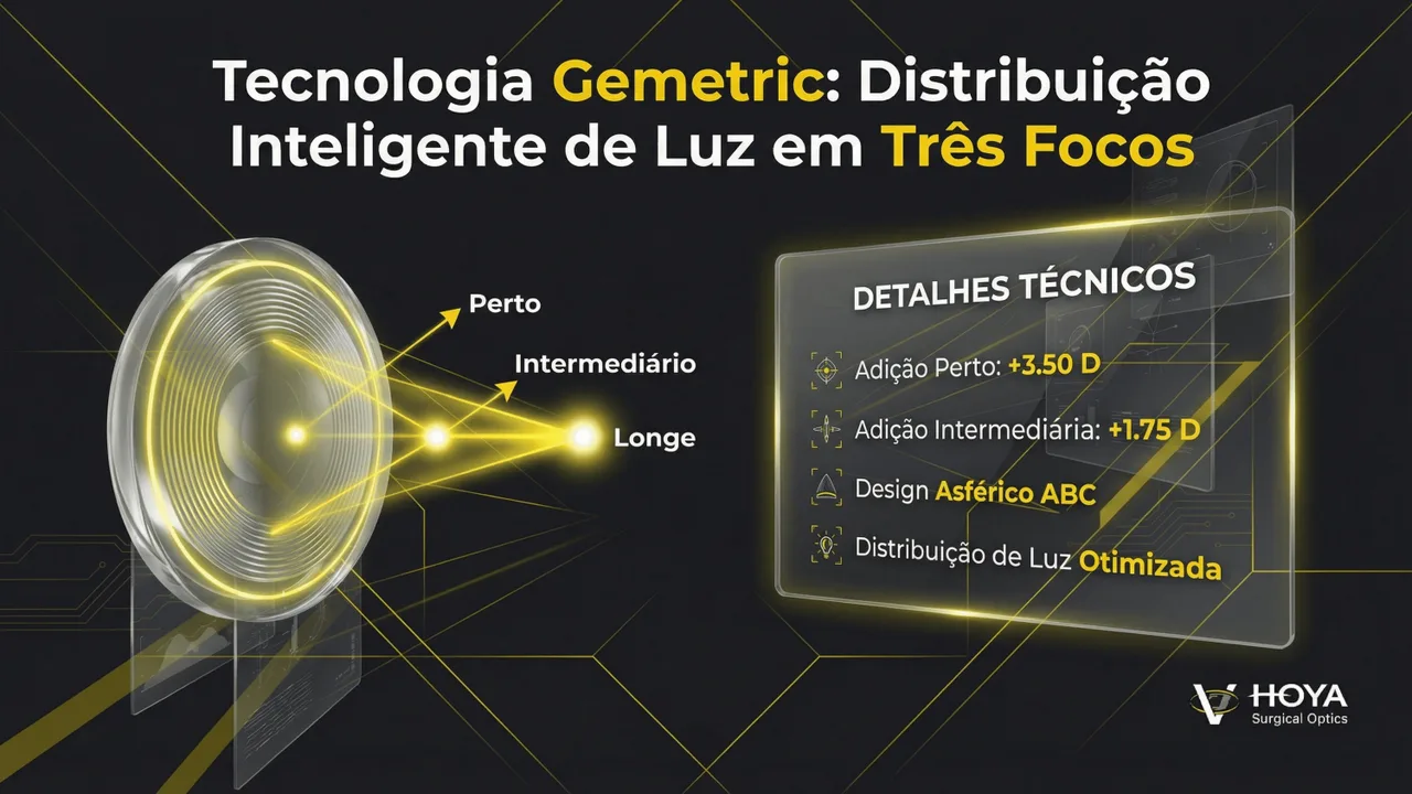 Resultados clínicos da Gemetrics: boa qualidade de visão trifocal com perfil de difotopsia favorável.