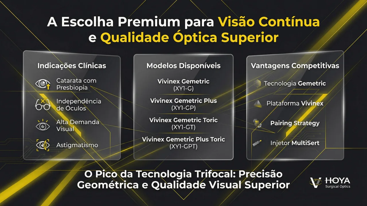 Especificações técnicas da Gemetrics: faixa de potência e características de implante.