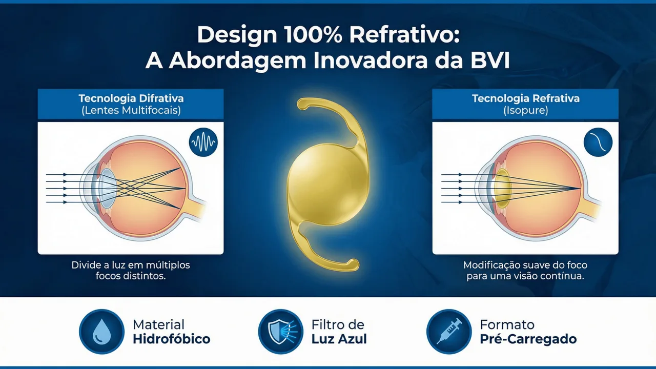 Design óptico da Isopure: material acrílico hidrofóbico com alta transmissão de luz.
