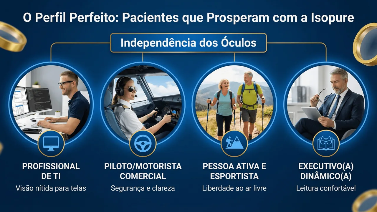 Perfil do paciente ideal para Isopure: pacientes que priorizam qualidade de visão de longe com baixa tolerância a halos.