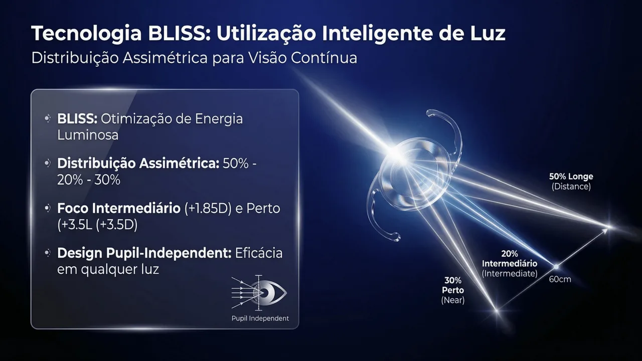 Resultados clínicos da Optiflex TRIO: boa qualidade de visão trifocal com mínima incidência de halos e reflexos.