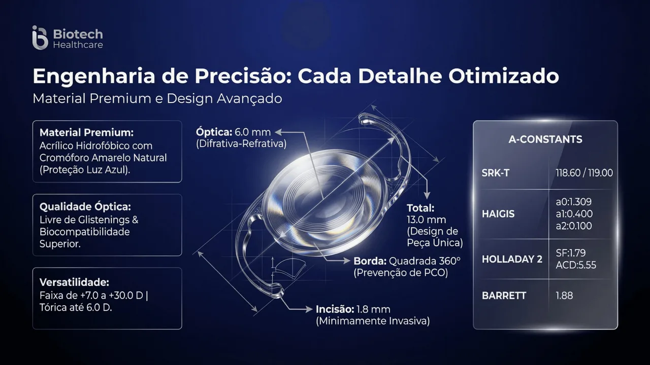 Design óptico da Optiflex TRIO: design asférico com injetor pré-carregado para implante seguro e preciso.