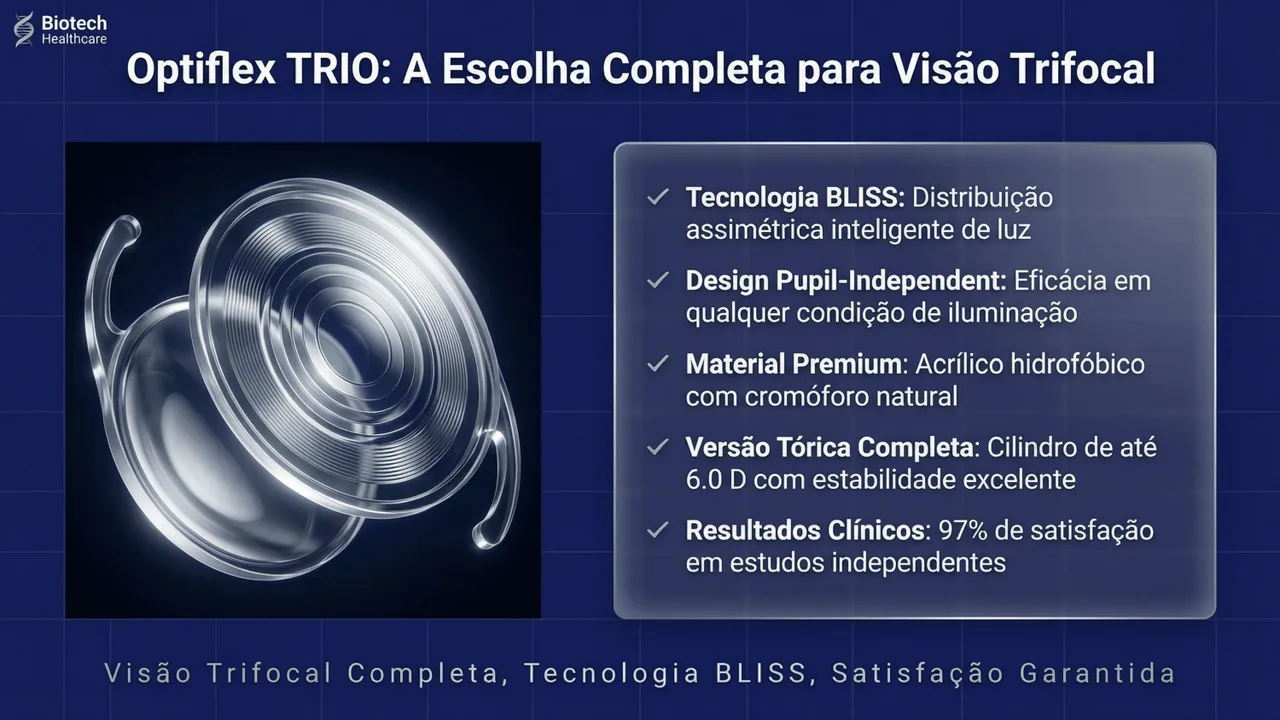 Especificações técnicas da Optiflex TRIO: faixa de potência +10,0 a +30,0 D.