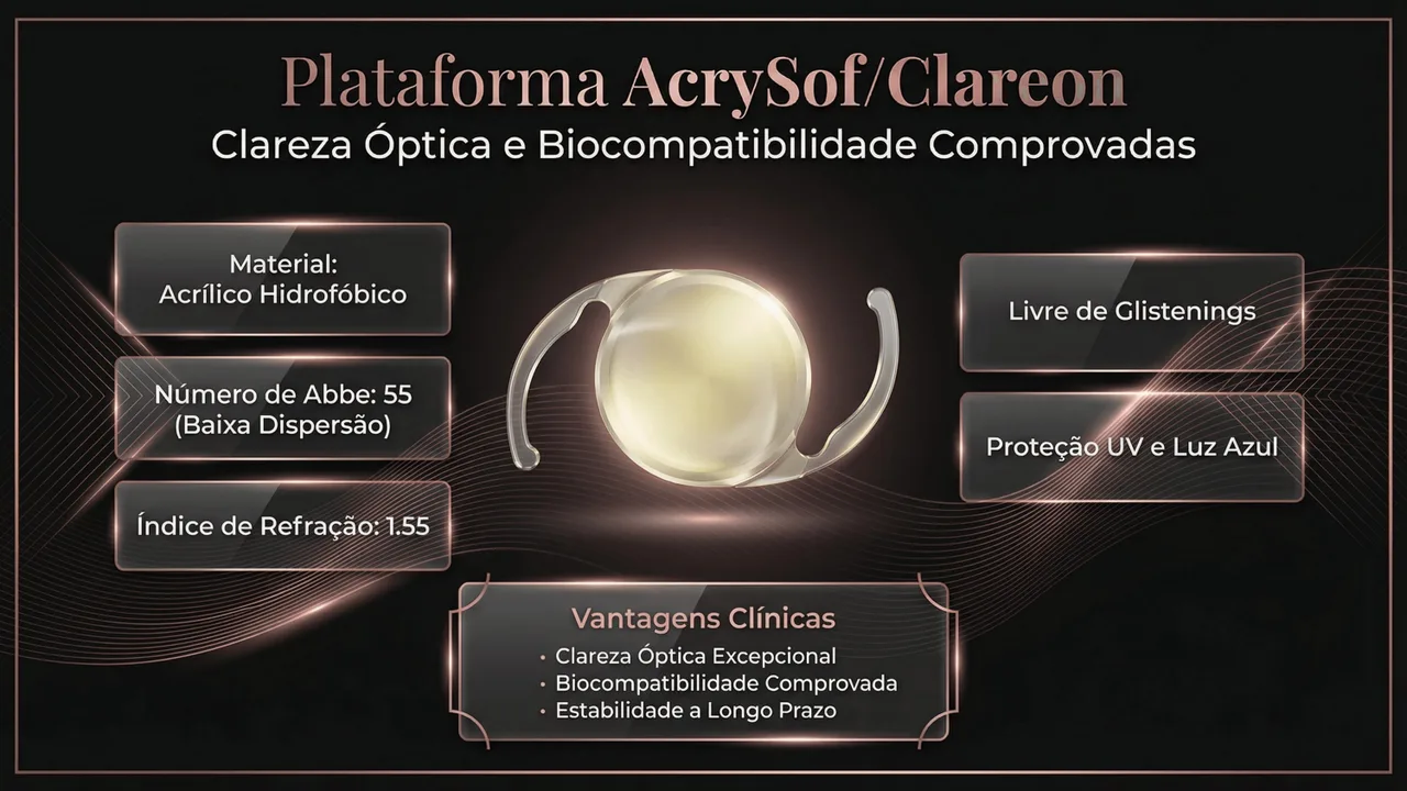 Design óptico da PanOptix: plataforma Clareon® com material hidrofóbico de alta clareza e design apodizado.