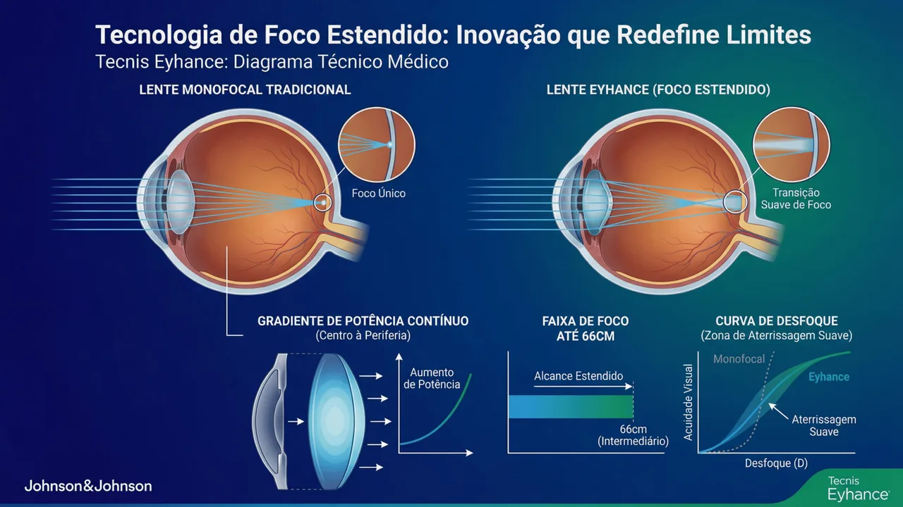 Tecnologia da Eyehance: profundidade de foco estendida para melhor visão intermediária sem difotopsia significativa.