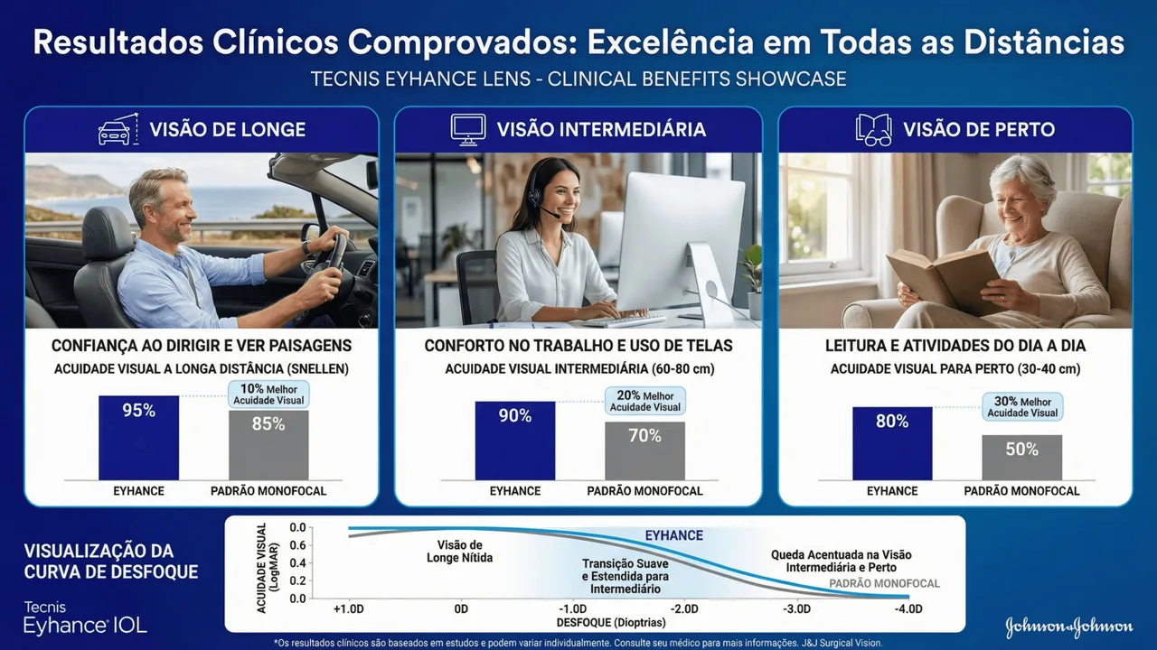 Resultados clínicos da Eyehance: melhor visão intermediária que monofocal convencional com qualidade de visão noturna similar.