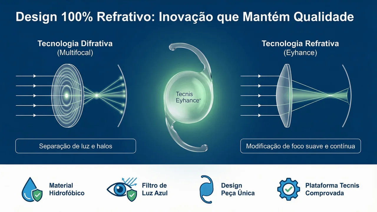 Design óptico da Eyehance: plataforma TECNIS® com material acrílico hidrofóbico de alta confiabilidade.