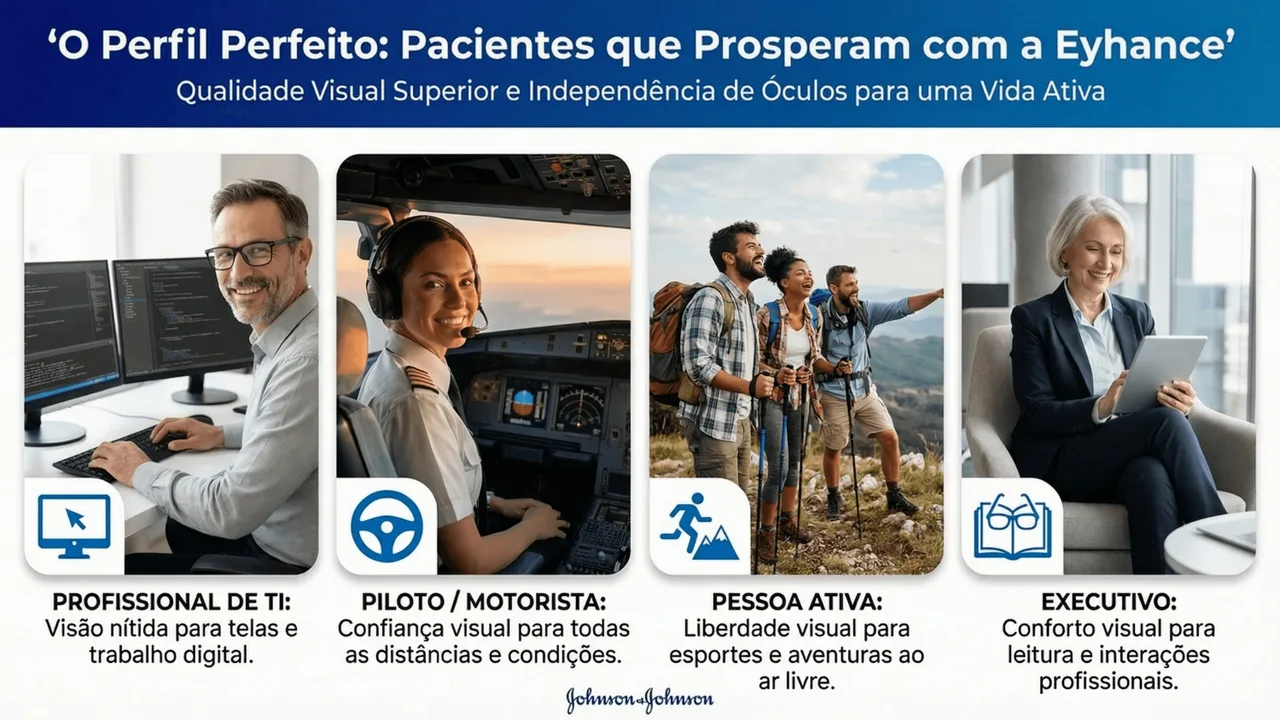 Perfil do paciente ideal para Eyehance: pacientes que desejam melhor visão intermediária sem os riscos de multifocais.