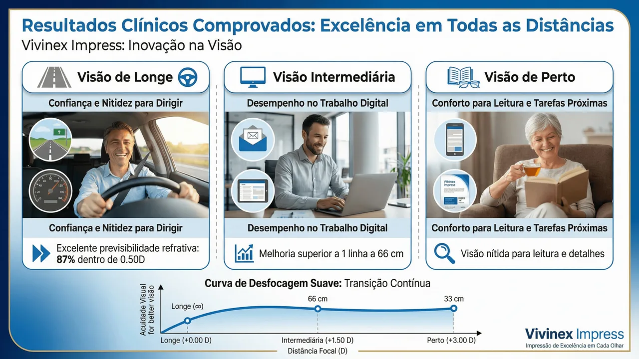Resultados clínicos da Vivinex Impress: boa visão intermediária com excelente qualidade de visão de longe.