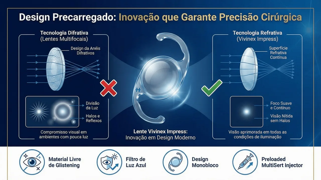 Design óptico da Vivinex Impress: material acrílico hidrofóbico com alta biocompatibilidade e baixa incidência de PCO.