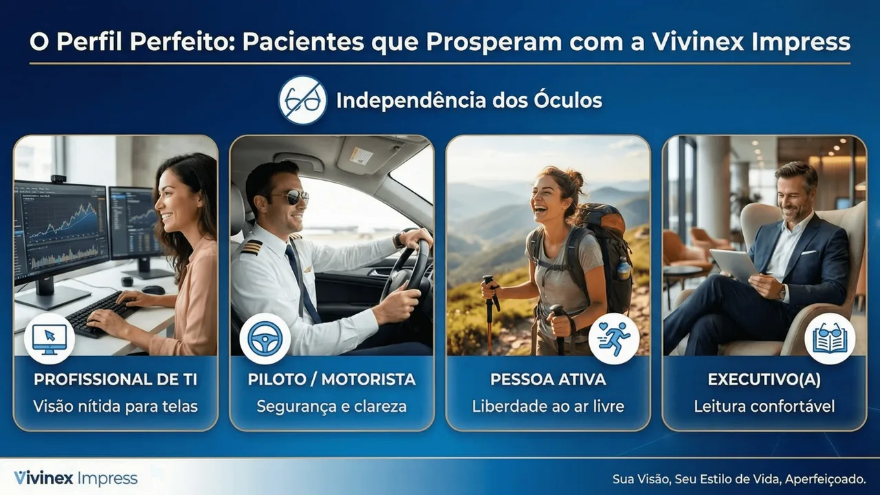 Perfil do paciente ideal para Vivinex Impress: pacientes que desejam monofocal com melhor visão intermediária.
