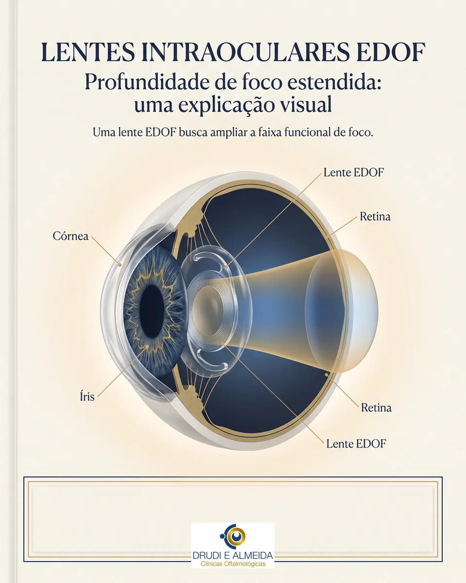 Olho em corte com a lente EDOF atrás da íris e um feixe de luz que forma uma faixa de foco alongada até a retina, sob o título Lentes intraoculares EDOF.