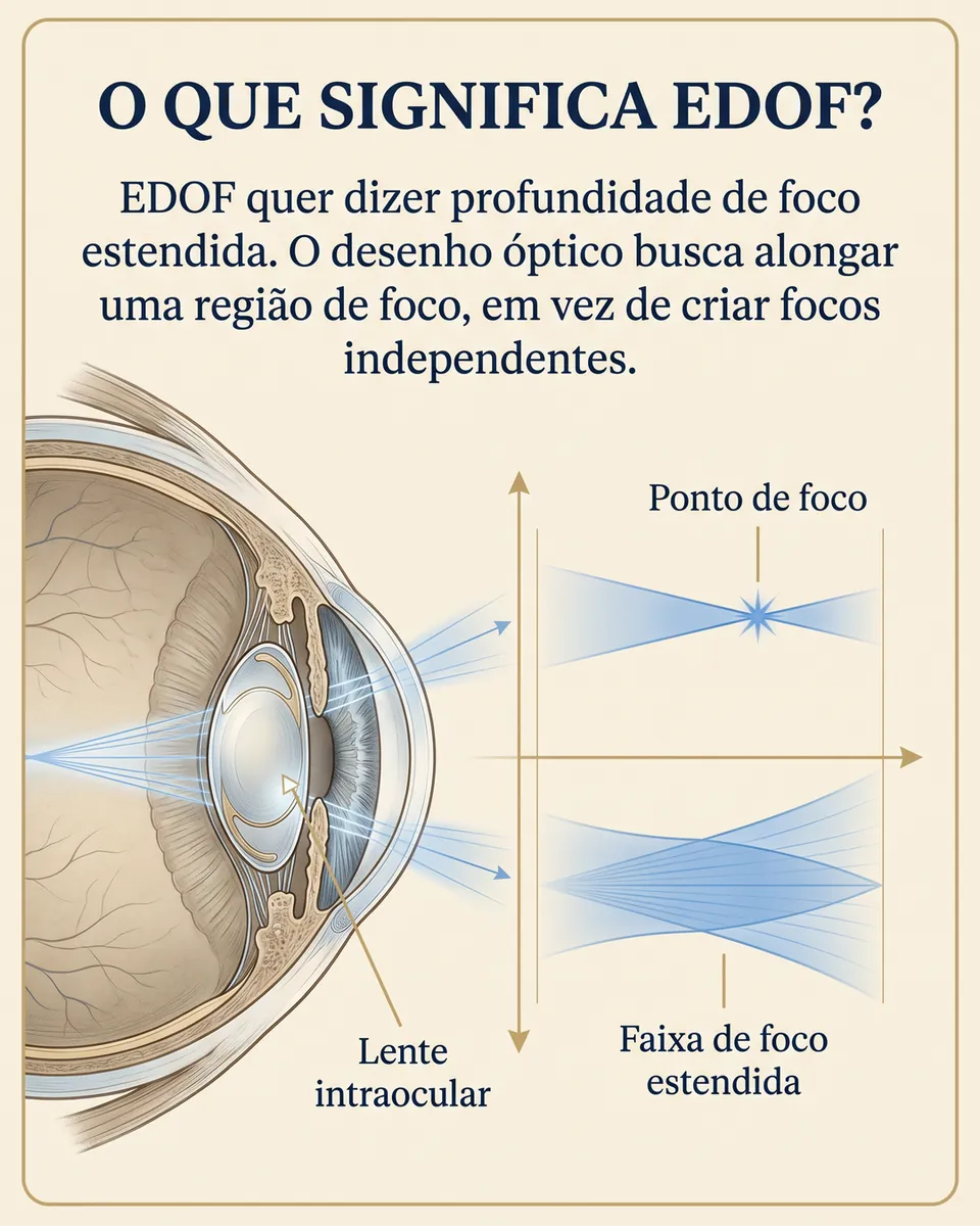 Comparação entre um ponto de foco único e uma faixa de foco estendida, que saem da lente intraocular num olho em corte.