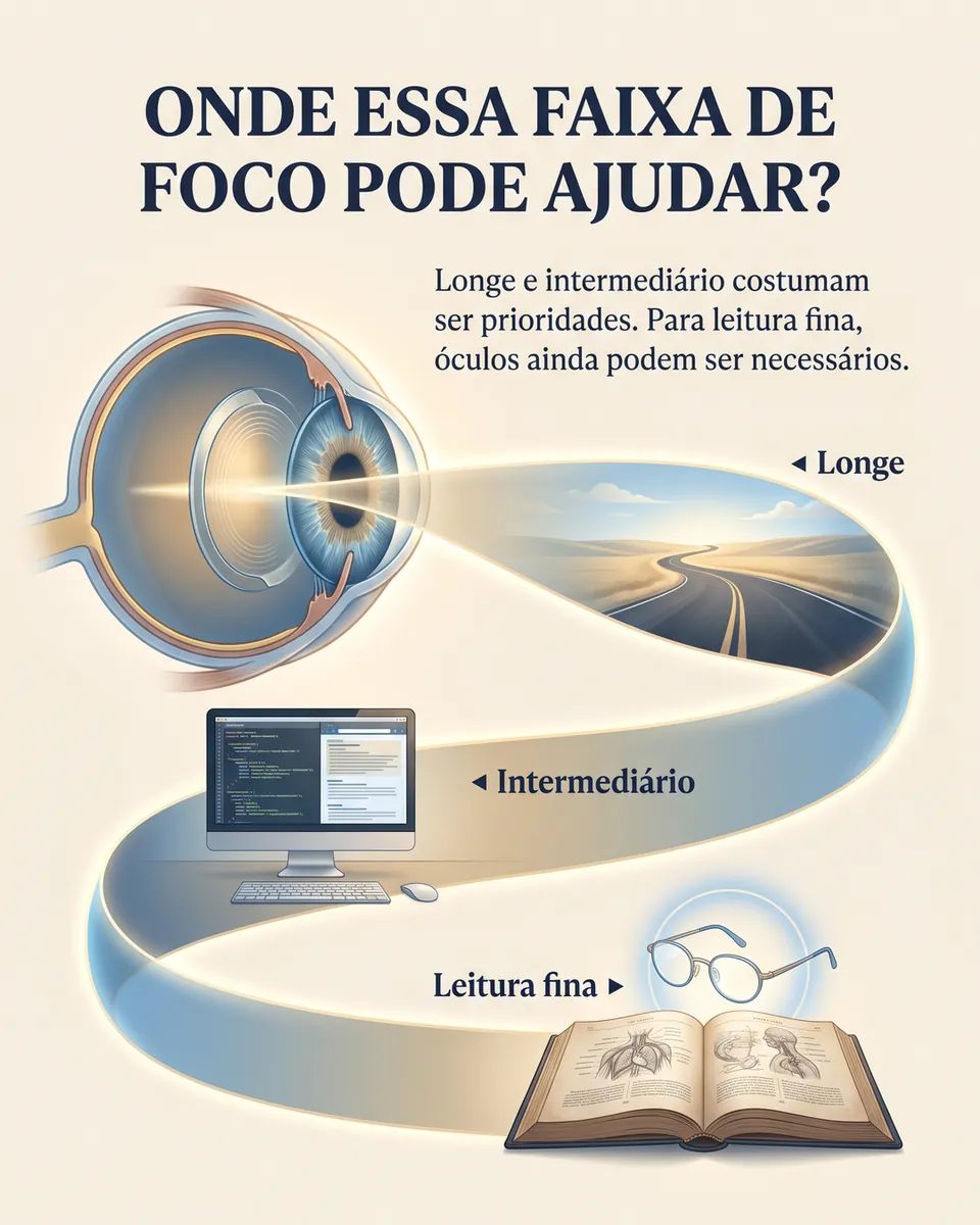 Faixa de foco que sai do olho e passa por uma estrada ao longe, uma tela de computador na distância média e um livro com óculos para leitura fina.