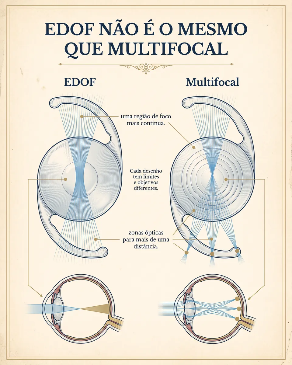 Duas lentes lado a lado: a EDOF com uma região de foco mais contínua e a multifocal com zonas ópticas para mais de uma distância.