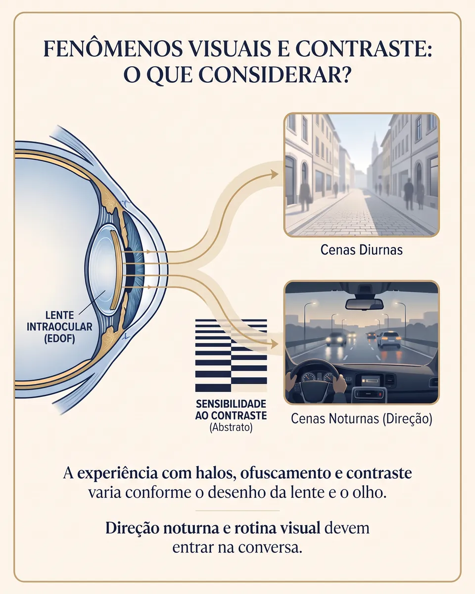 Olho em corte com a lente EDOF ligado a uma rua de dia e a uma estrada à noite vista de dentro do carro, ao lado de uma escala de sensibilidade ao contraste.