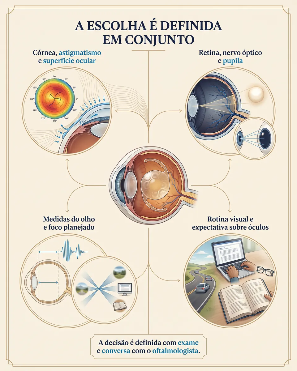 Olho no centro ligado a córnea, astigmatismo e superfície ocular; retina, nervo óptico e pupila; medidas do olho e foco planejado; e rotina visual e expectativa sobre óculos.