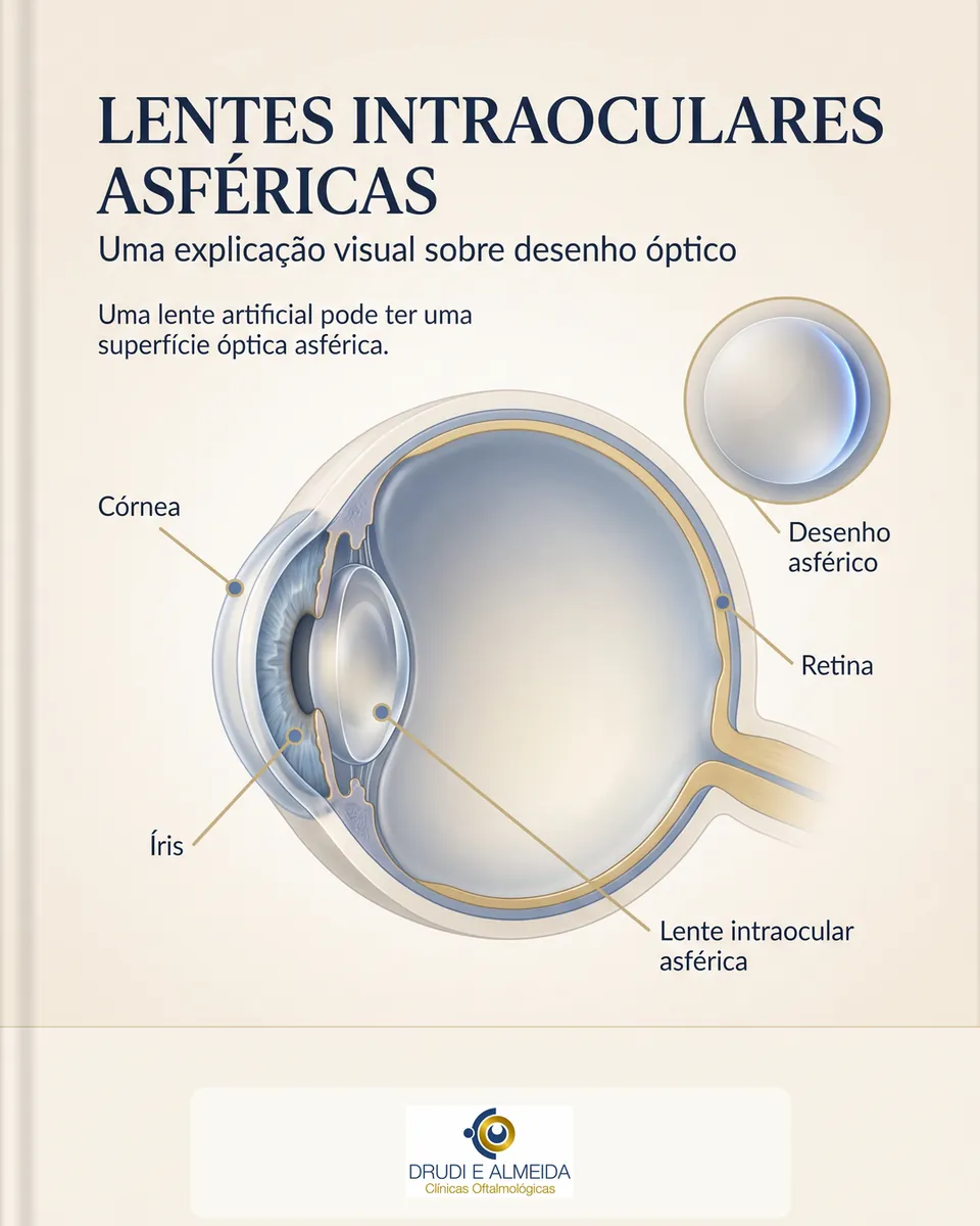 Olho em corte com a lente intraocular asférica atrás da íris e um detalhe ampliado da superfície da lente, sob o título Lentes intraoculares asféricas.