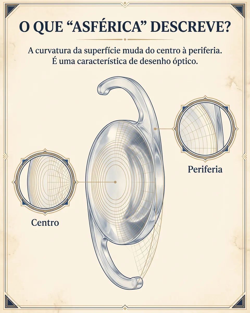 Lente intraocular em grande aumento com lupas no centro e na periferia, mostrando que a curvatura muda do centro para a borda.