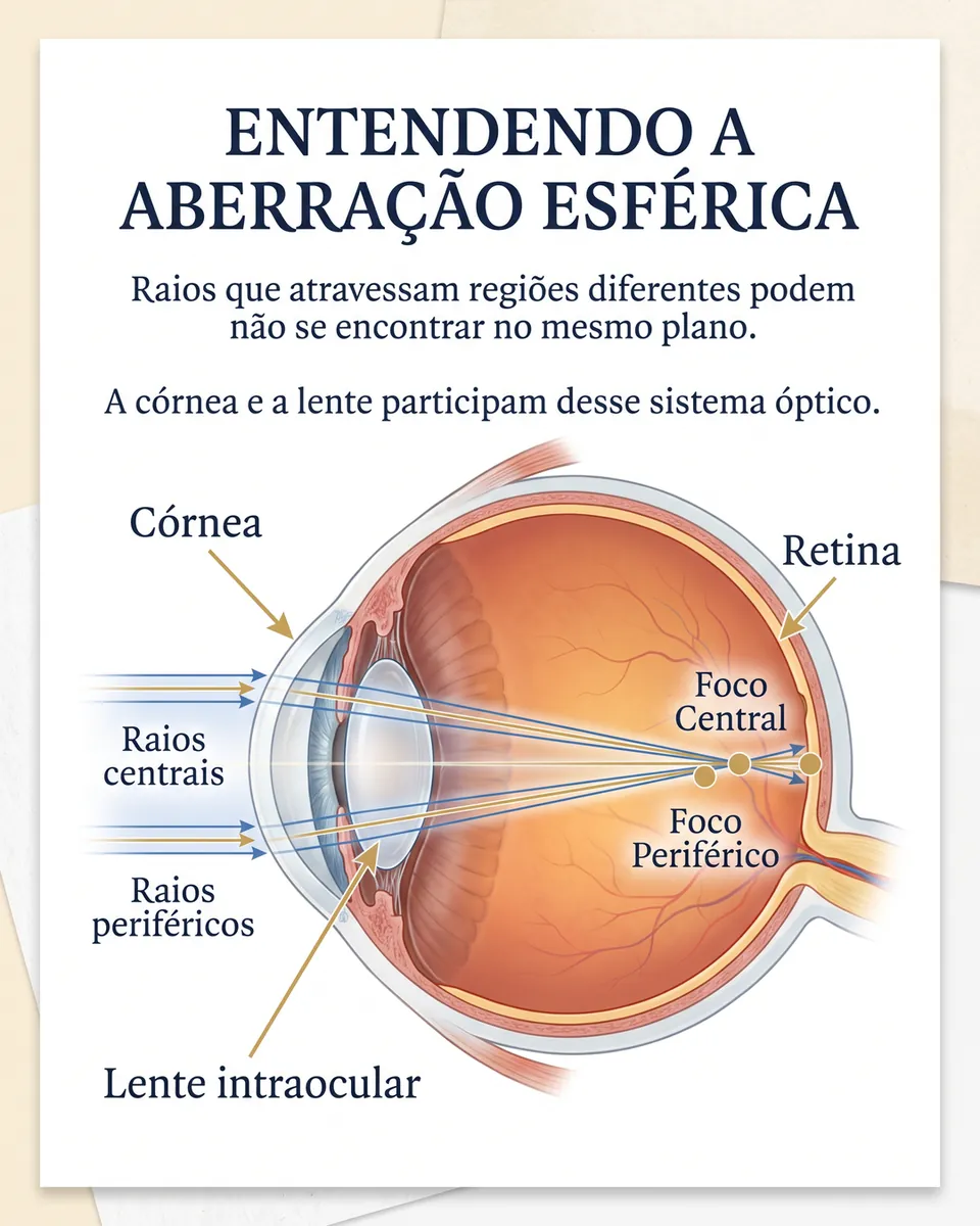 Olho em corte com raios centrais e periféricos que atravessam a córnea e a lente intraocular e formam um foco central e um foco periférico perto da retina.