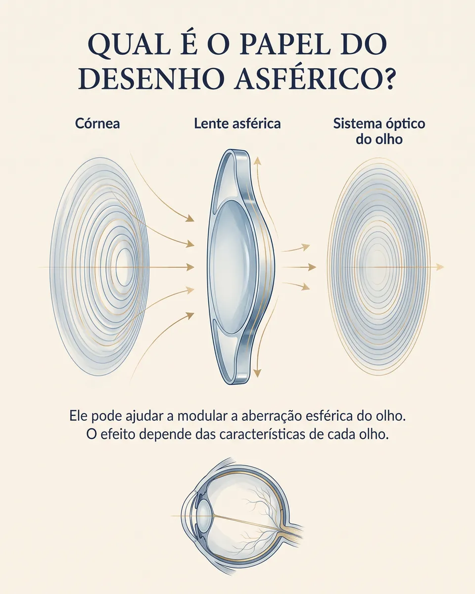 Esquema com a córnea, a lente asférica e o sistema óptico do olho, com setas de luz que convergem.