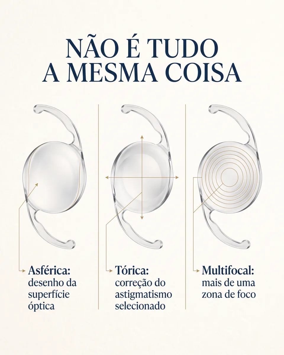 Três lentes lado a lado: asférica, ligada ao desenho da superfície óptica; tórica, à correção do astigmatismo; multifocal, a mais de uma zona de foco.