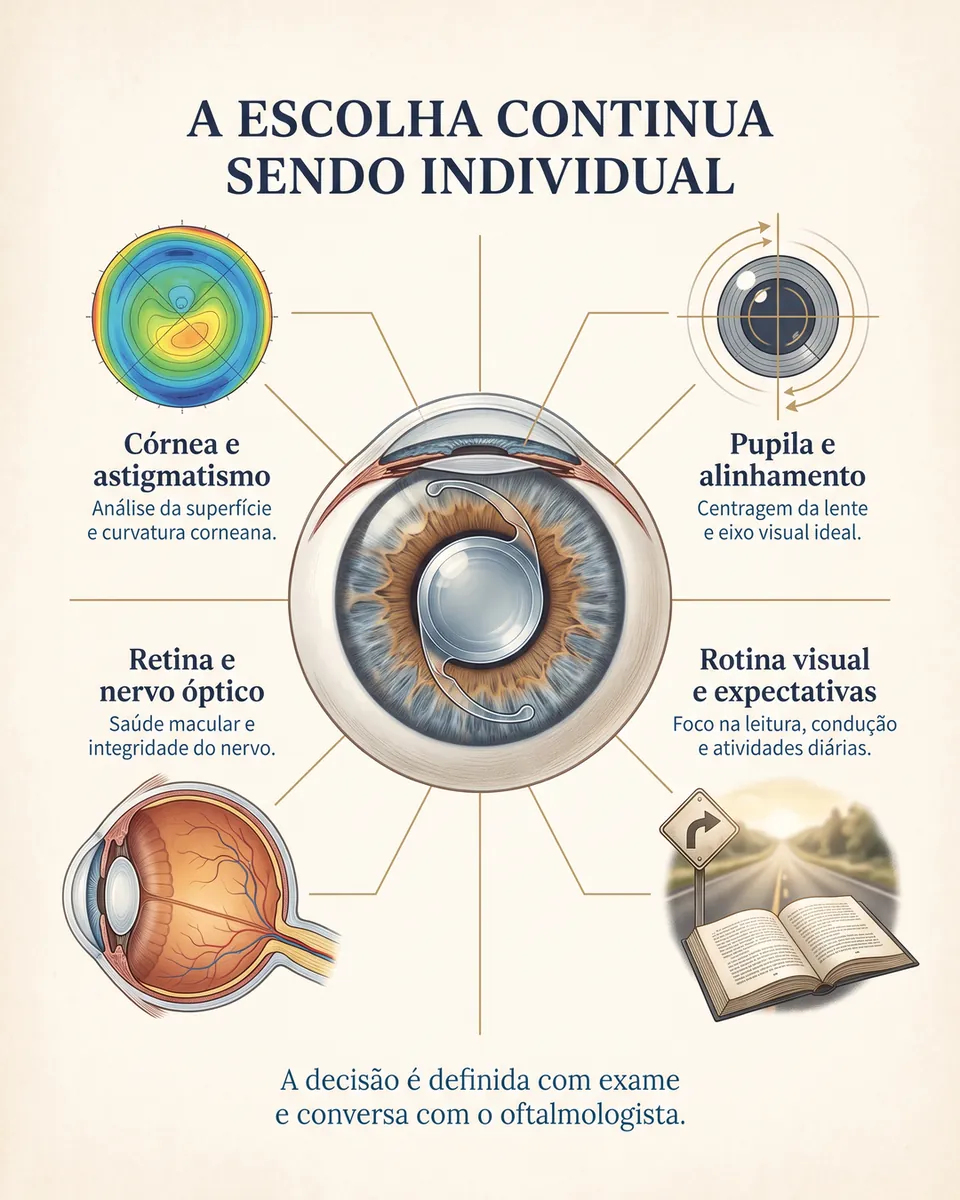 Mapa com o olho no centro e quatro fatores: córnea e astigmatismo, pupila e alinhamento, retina e nervo óptico, rotina visual e expectativas.