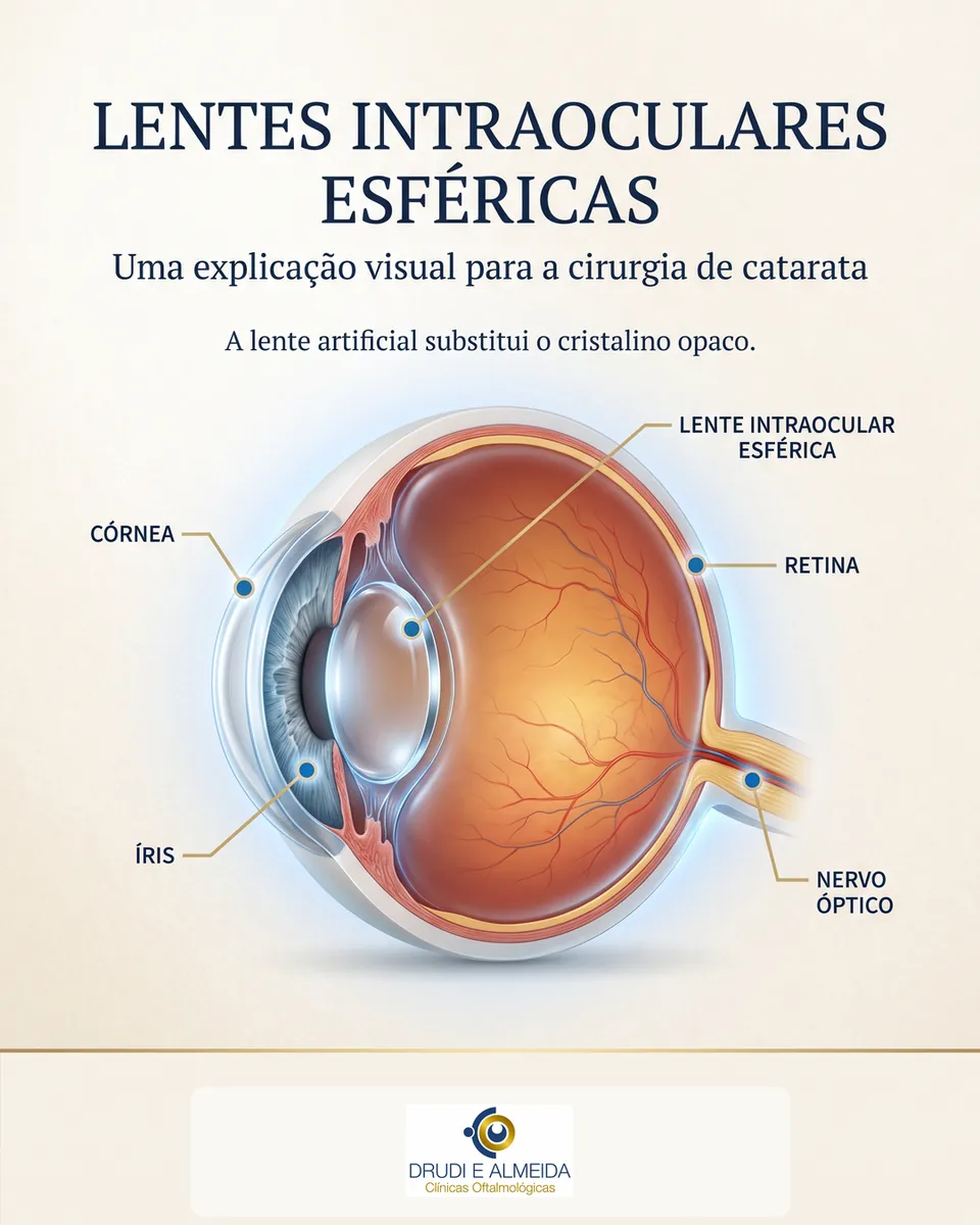 Ilustração de um olho em corte com a lente intraocular esférica atrás da íris e a córnea, a retina e o nervo óptico indicados, sob o título Lentes intraoculares esféricas.
