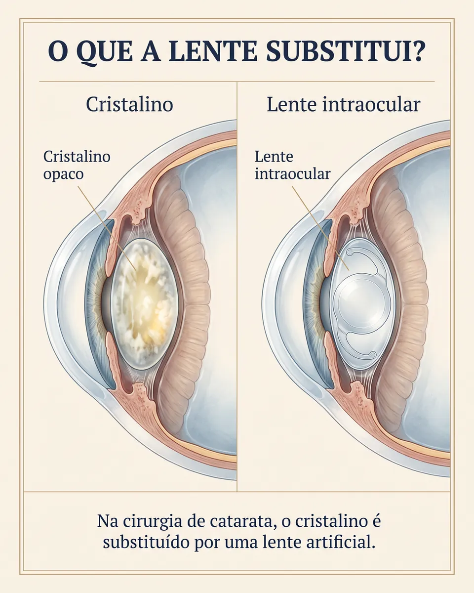 Comparação lado a lado de dois olhos em corte: à esquerda o cristalino opaco, à direita a lente intraocular transparente no mesmo lugar.
