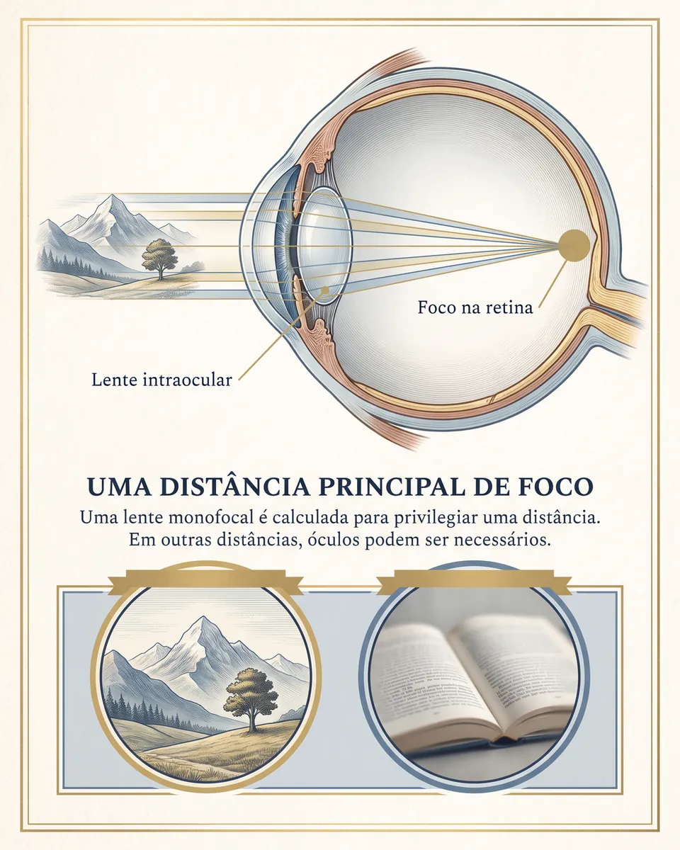 Raios de luz vindos de uma montanha distante atravessam a lente intraocular e se encontram num ponto da retina; abaixo, uma paisagem nítida e um livro aberto.