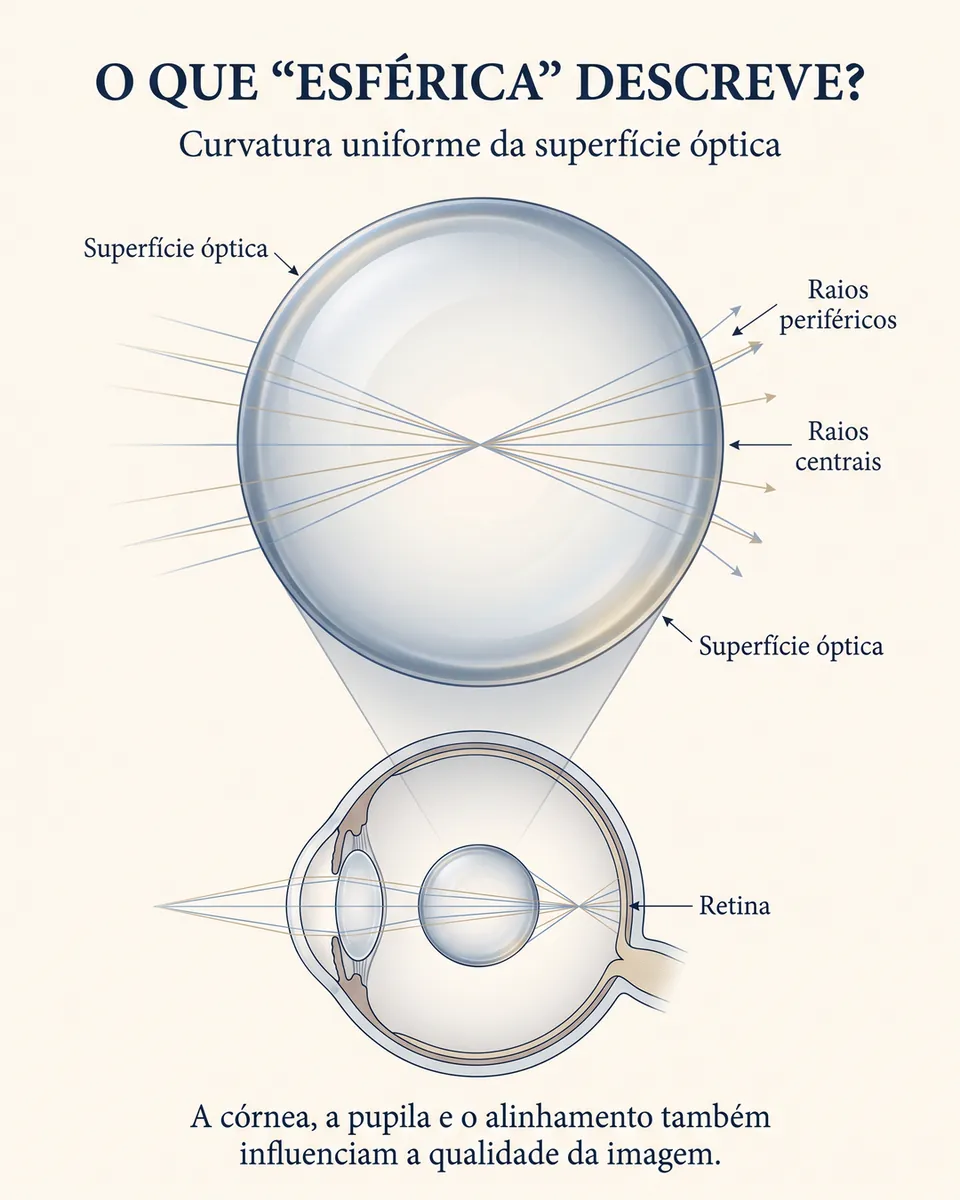 Lente em grande aumento com raios centrais e periféricos que se cruzam em pontos diferentes e, abaixo, um olho em corte com a lente e a retina.