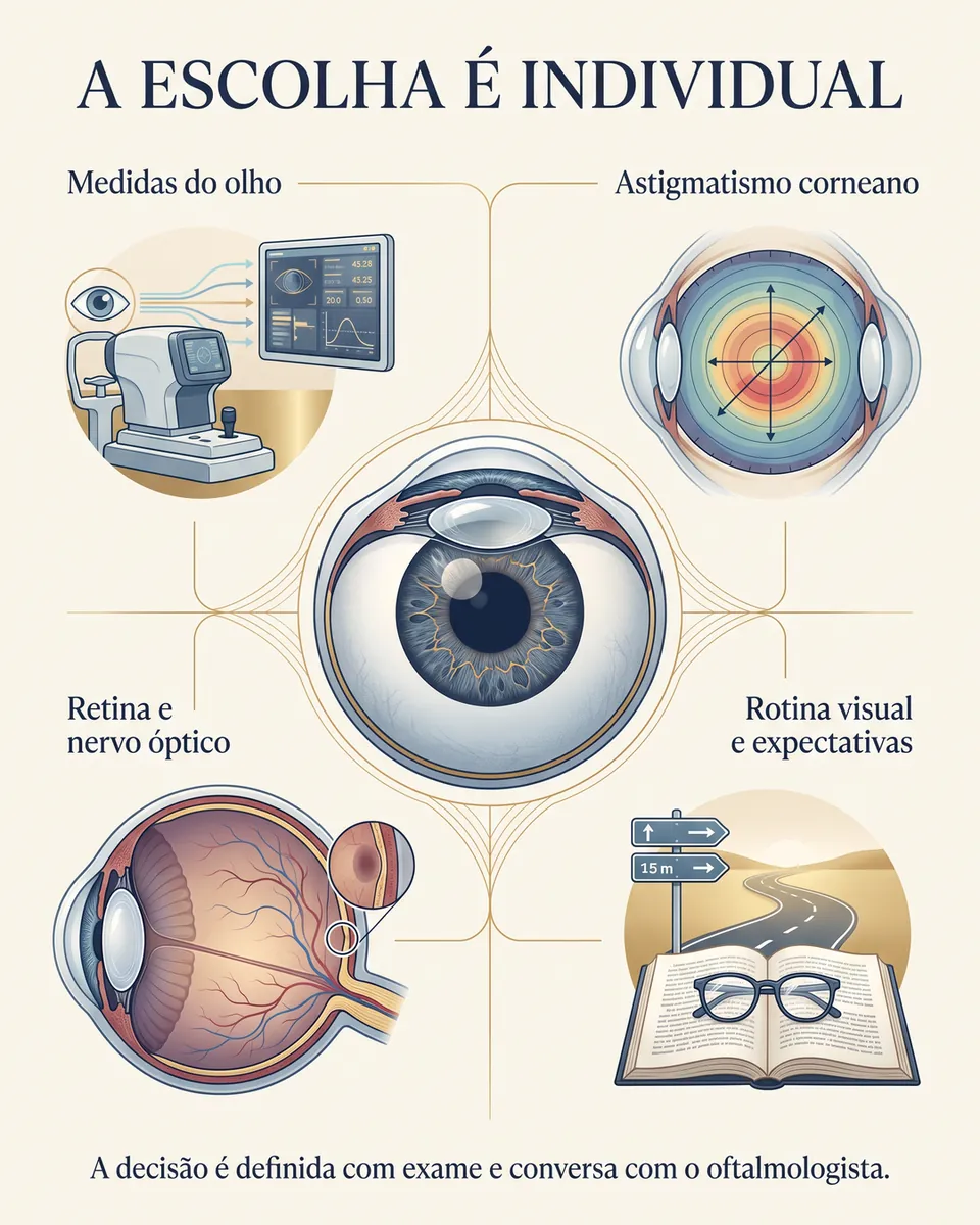 Mapa com o olho no centro ligado a quatro fatores: medidas do olho, astigmatismo corneano, retina e nervo óptico, e rotina visual e expectativas.