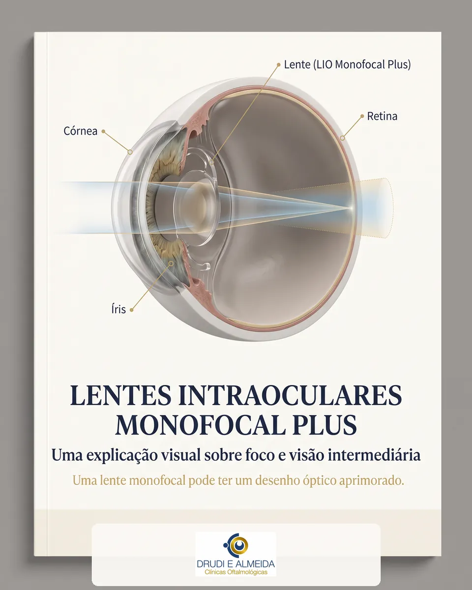 Olho em corte com a lente monofocal plus e um feixe de luz que forma uma faixa de foco alongada, sob o título Lentes intraoculares monofocal plus.