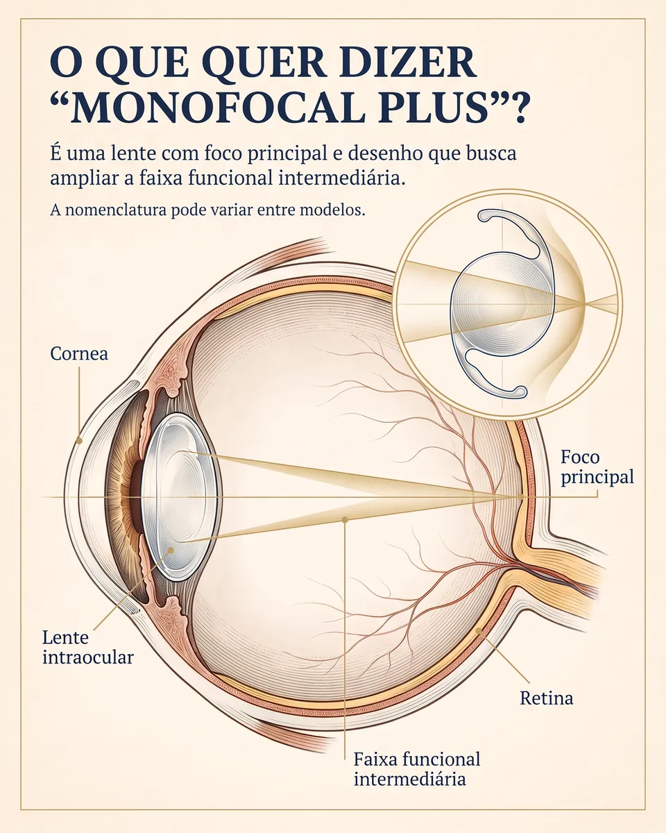 Olho em corte com o foco principal na retina e a faixa funcional de distância média indicada, e um detalhe ampliado da lente.