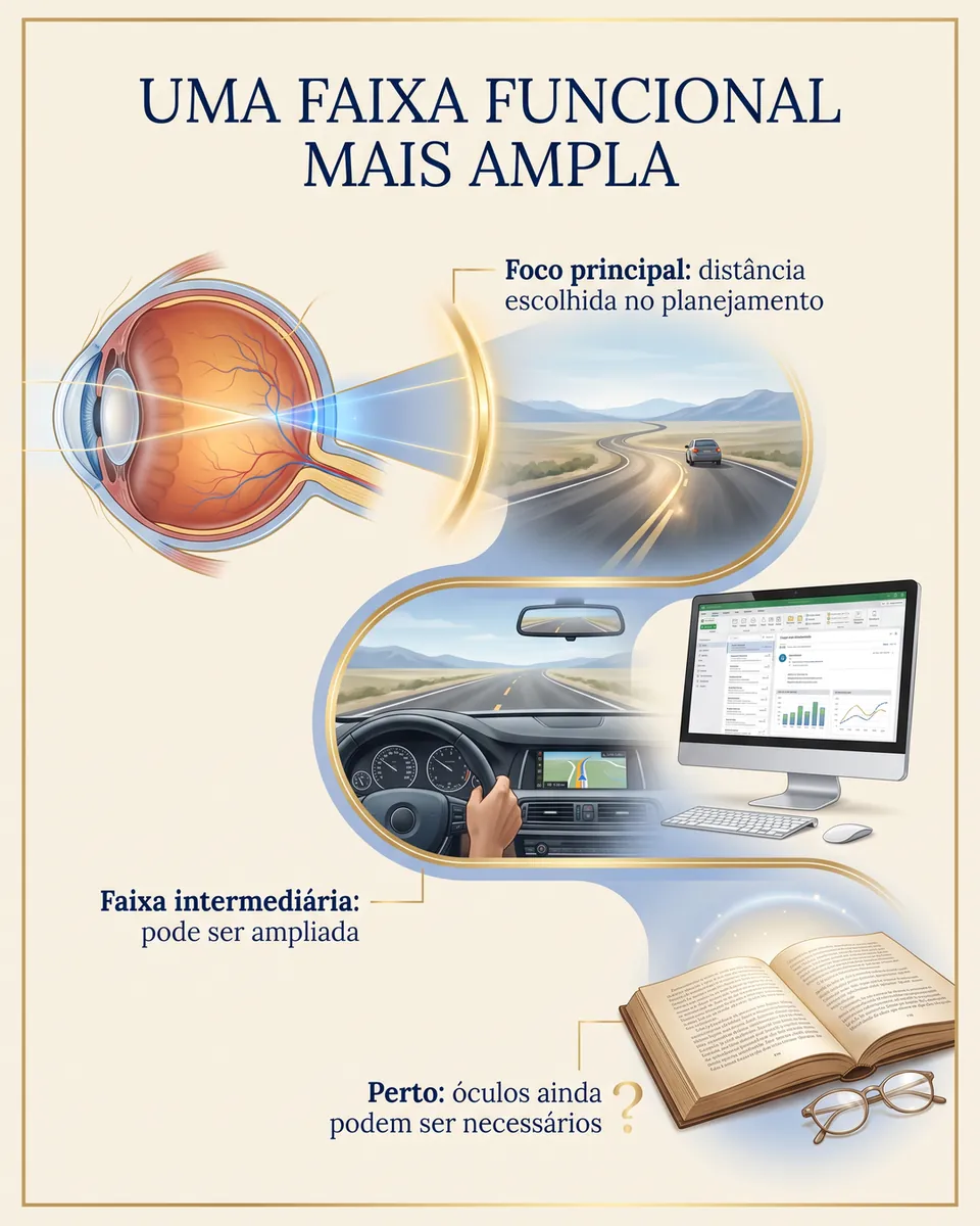 Faixa de distâncias que sai do olho: estrada ao longe, painel do carro e tela de computador na distância média, e um livro com óculos para perto.