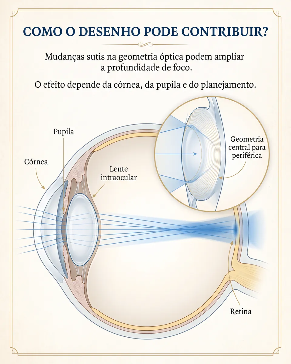 Olho em corte com raios que formam uma zona de foco mais longa e um detalhe ampliado da geometria da lente, do centro para a periferia.