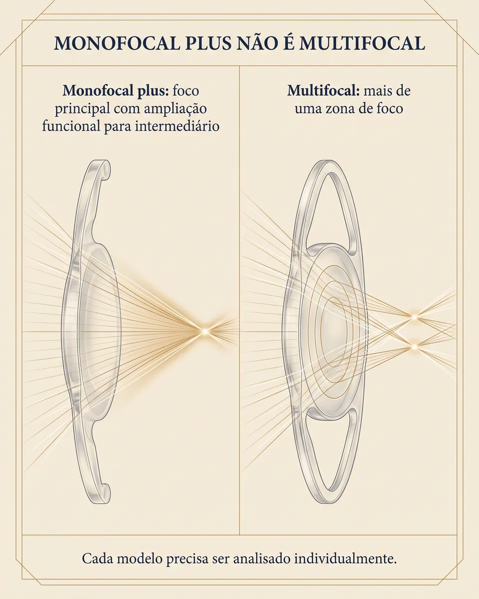 Duas lentes lado a lado: a monofocal plus com um único foco alongado e a multifocal com a luz dividida em mais de um foco.