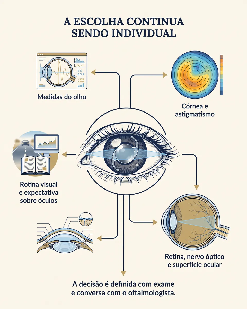 Mapa com o olho no centro ligado a medidas do olho, córnea e astigmatismo, retina, nervo óptico e superfície ocular, e rotina visual e expectativa sobre óculos.