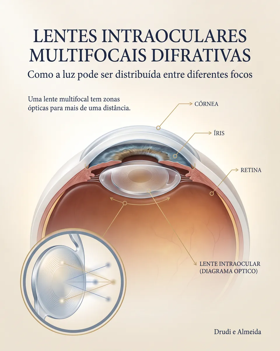 Olho em corte com a lente multifocal difrativa atrás da íris e um detalhe da superfície em anéis concêntricos que dividem a luz, sob o título Lentes intraoculares multifocais difrativas.