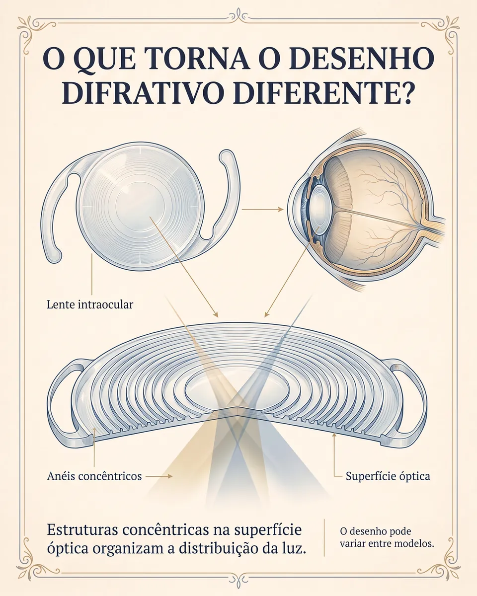 Lente intraocular em corte com degraus em anéis concêntricos na superfície óptica, ao lado de um olho em corte.