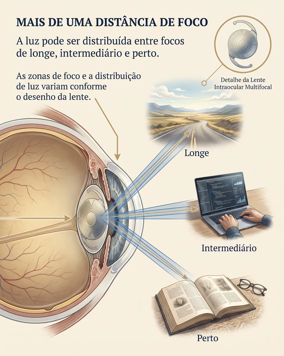 Olho em corte com feixes de luz para longe, com uma estrada; para a distância média, com um notebook; e para perto, com um livro.