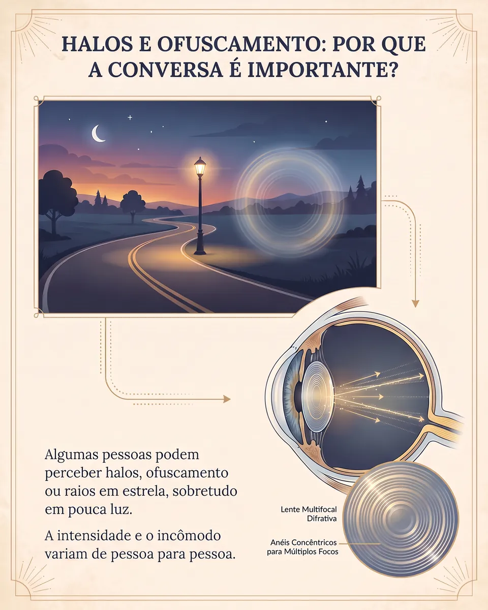 Estrada à noite com um poste cercado por um halo de luz, ligada a um olho em corte com a lente multifocal de anéis concêntricos.