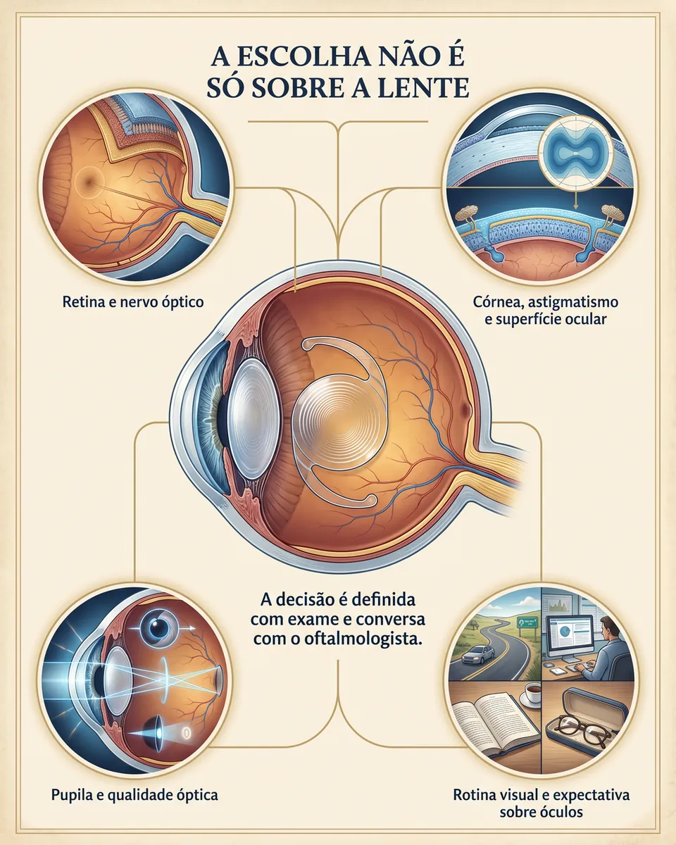 Olho em corte no centro ligado a retina e nervo óptico, córnea, astigmatismo e superfície ocular, pupila e qualidade óptica, e rotina visual e expectativa sobre óculos.