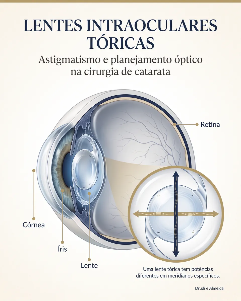Olho em corte com a lente tórica atrás da íris e um detalhe da lente com dois eixos cruzados, sob o título Lentes intraoculares tóricas.