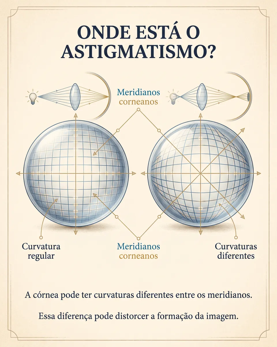 Duas córneas em forma de globo quadriculado: uma com curvatura regular e outra com curvaturas diferentes entre os meridianos, com raios de luz que focam de modo distinto.