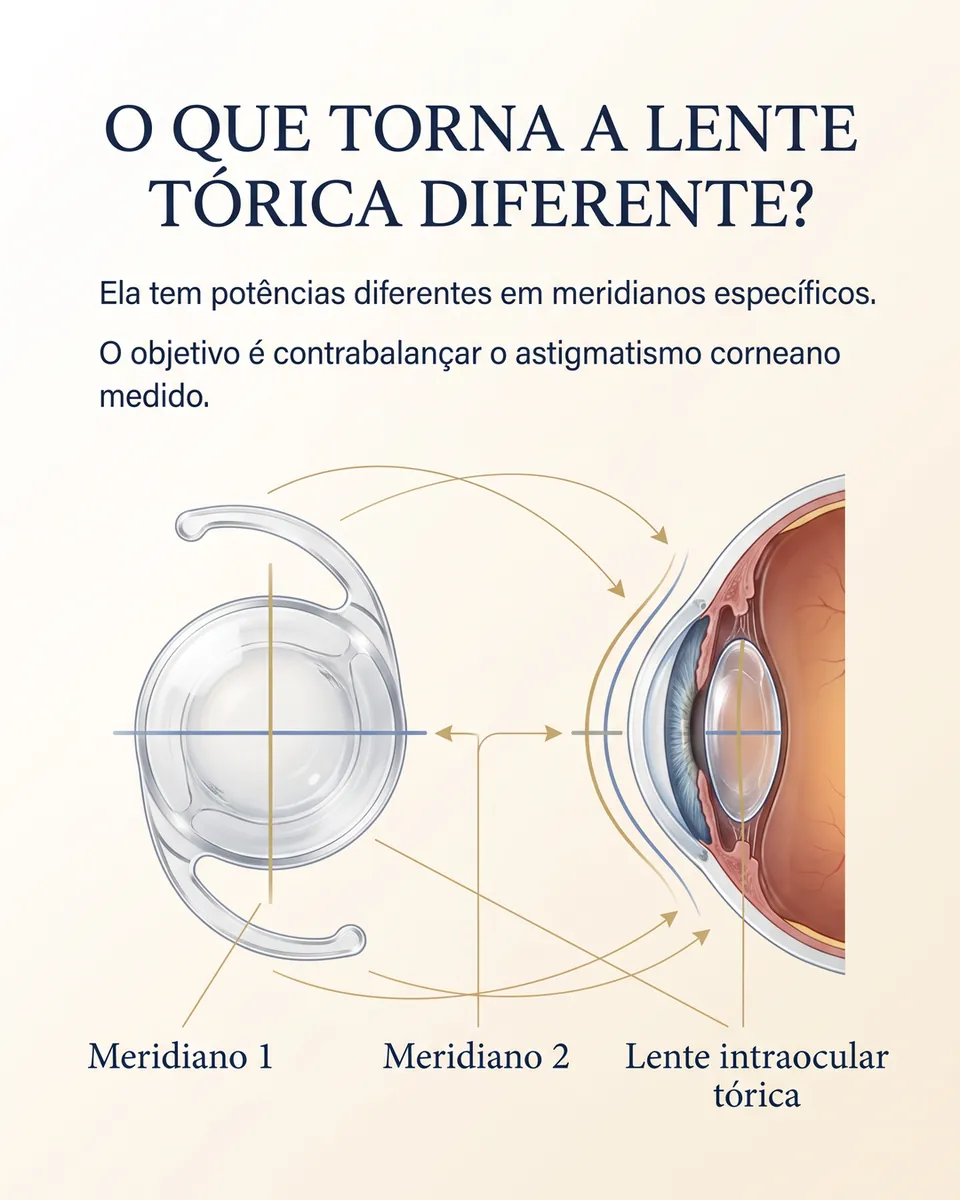 Lente tórica vista de frente com o meridiano 1 e o meridiano 2 marcados, ao lado de um olho em corte.